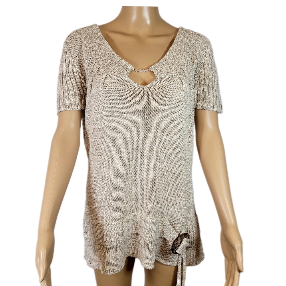 Ladies cream Knit Braid Top V neck with rainstones, Size Large
